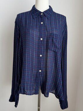 Isabel Marant Etoile Virgin Wool Blend Blue Check Plaid Button-Up Top Size 42 L-